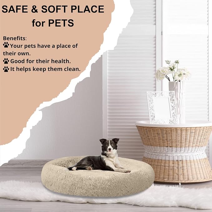 SAVFOX 54 inches Calming Donut Dog Bed - 3X Durable Plush Faux Fur, Machine Washable & Non-Slip, Fits up to 210 lbs, Removable Cover, Beige