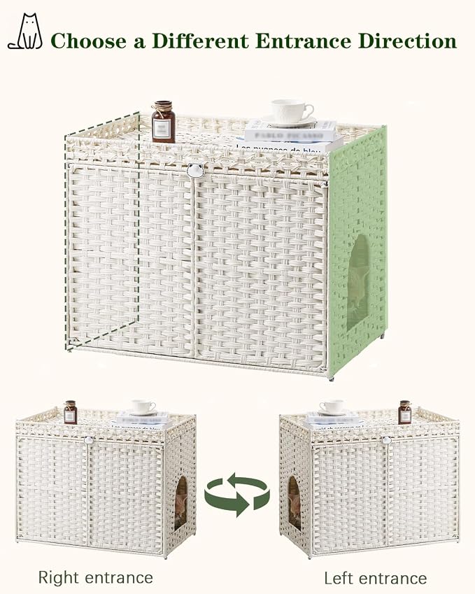SETVSON Cat Litter Box Enclosure Furniture, Handwoven PE Rattan, White | Large Double-Door PE Rattan Kitty House, Fits Large Covered Litter Boxes, 2 Litter Mats, 2 S-Hooks, Metal Frame