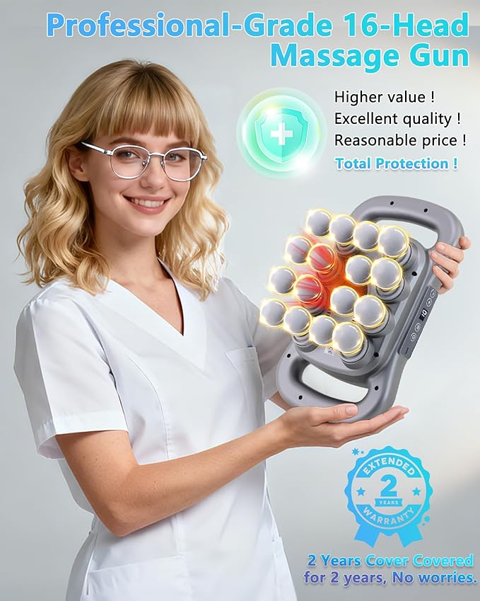 16-Head Massage Gun, Deep Tissue Percussion Massager with 9 Modes & 9 Intensities, 2600mAh Battery 4H Runtime, Ultra-Quiet 30-40dB, for Muscle Pain Relief in Back, Legs, Shoulders