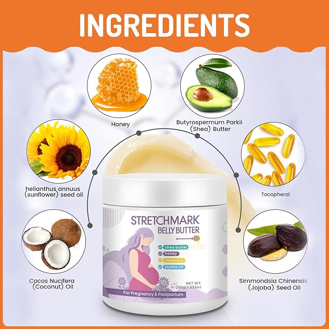 Stretch Mark Belly Butter-Packed with Vitamin E, Coconut Oil, and Sunflower Seed Oil to Protect, Soothe, and Rejuvenate Skin - Safe for Pregnancy and Nursing-Repair Stretch Marks and Scars.7.055oz