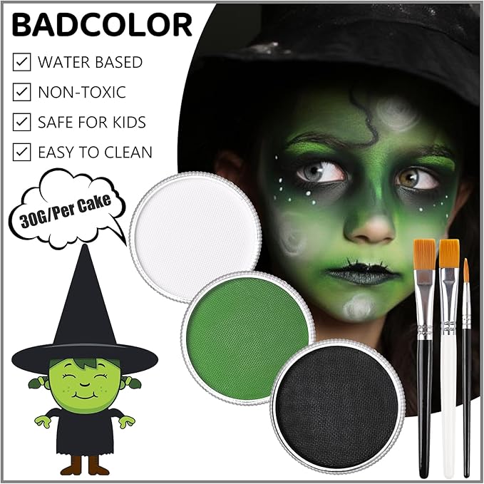 White Black Green Face Body Paint with Painting Brushes Halloween Makeup Set, Water Based Facepaint for Kids Adults Party for Witch Shrek Alien Grinch Hulk Costume Cosplay Special Effects Make Up