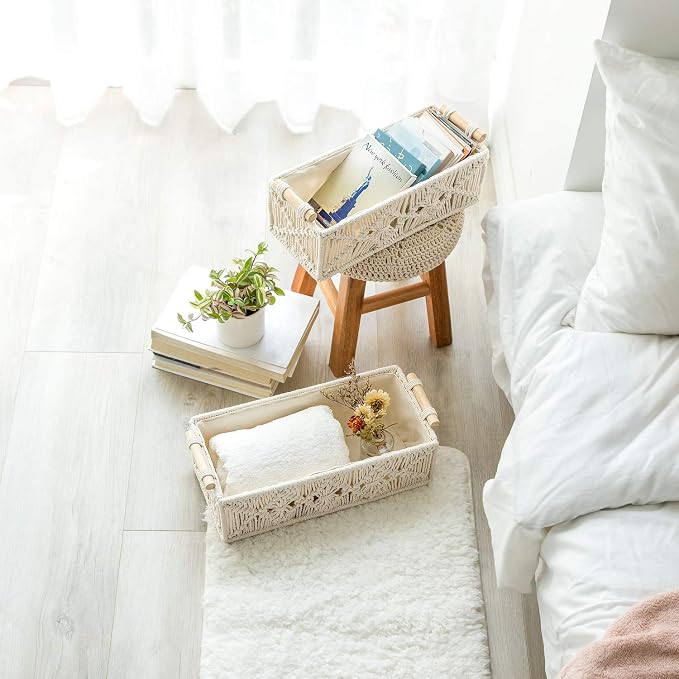 Mkono 2Pc Macrame Storage Basket, Boho Decor Toilet Paper Holder, Ivory | Small Baskets for Organizing, Hand-Woven, Bohemian Beach Coastal Decor, Shelf Vanity Cabinet Bedroom Living Room Office Dorm