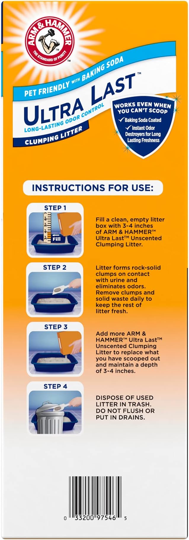 ARM & Hammer Ultra Last Clumping Cat Litter, Unscented, MultiCat, 18 Lbs | Clumping Formula, 99% Dust Free, Pet Friendly, Baking Soda Odor Control