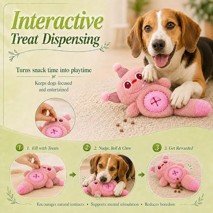 Cute Monster Plush Dog Chew Toy – Squeaky Ball, Crinkle Paper & Treat Dispenser, Washable Interactive Stuffed Toy for All Breeds, Relieves Boredom & Anxiety（Pink）