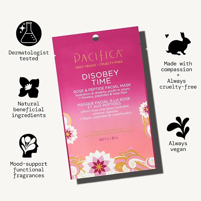 Pacifica Disobey Time Rose & Peptide Facial Sheet Mask 12-PACK Hydrating Anti-Aging Mask for Fine Lines & Dry Skin Infused w/Hyaluronic Acid & Chamomile Vegan & Cruelty-Free Dermatologist Tested