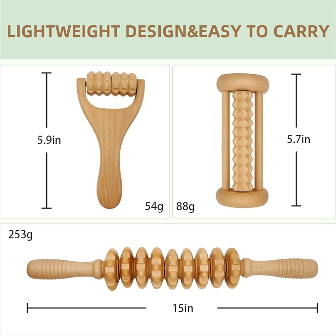 3Pcs Wooden Massage Tools, Massage Roller, Foot Roller for Plantar Fasciitis Relief, Roller for Muscles Deep Tissue Massage, Lymphatic Drainage Massager