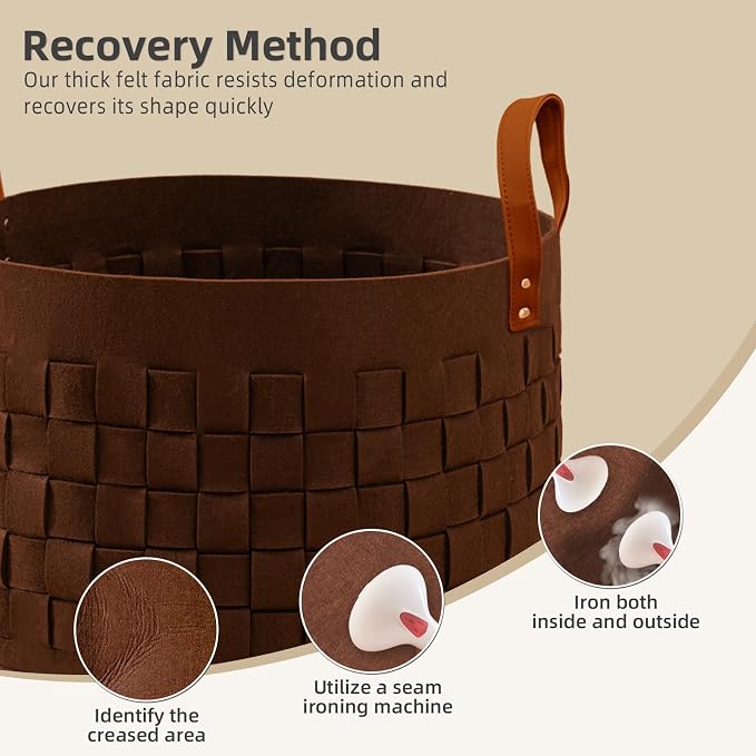 Laundry Basket 20" x20 " x11.8 ", Large Felt Fabric Blanket Basket with Leather Handle, Dirt Clothes Laundry Hamper Round for Babies, Dogs and Living Room-Brown