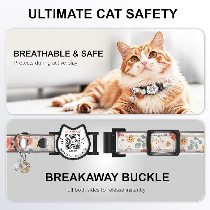 Breakaway Cat Collar QR Code, Reflective Bell, Adjustable Kitten Wht Flower