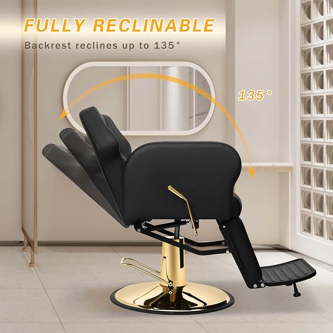 Barber Chair Hydraulic Reclining Salon Chairs Styling Chair Hair Chair 360 Degrees Rolling Swivel Barber Chairs for Barbershop Hair Salon (Gold1)