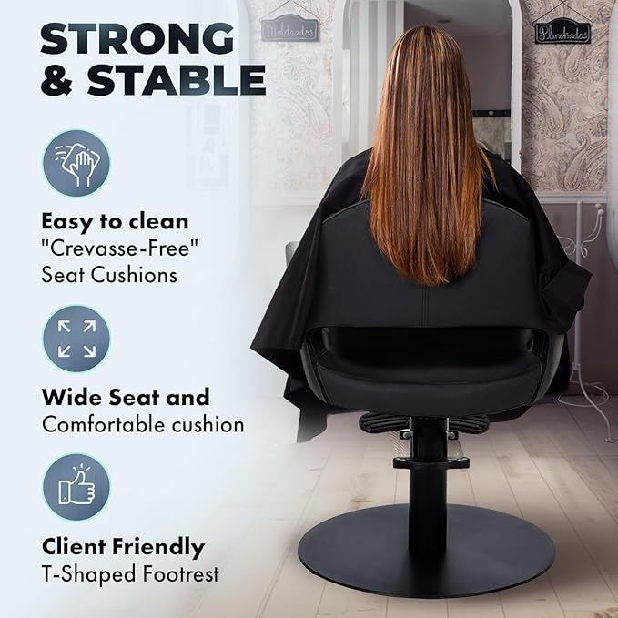 Buy-Rite Cleo Professional Salon Styling Chair & Barber Chair, All Black Vinyl with Black Stitching, Easy-Clean Crevice-Free Seat, Flat Round Base, Heavy-Duty Build, YLG-376