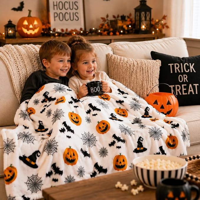 Halloween Fleece Throw Blanket, Witch Hat, Bats, Webs & Pumpkins, 50x60 in | Ultra-soft cozy flannel fleece, for sofa couch bed chair & dorms, spooky Halloween décor, durable and machine washable.