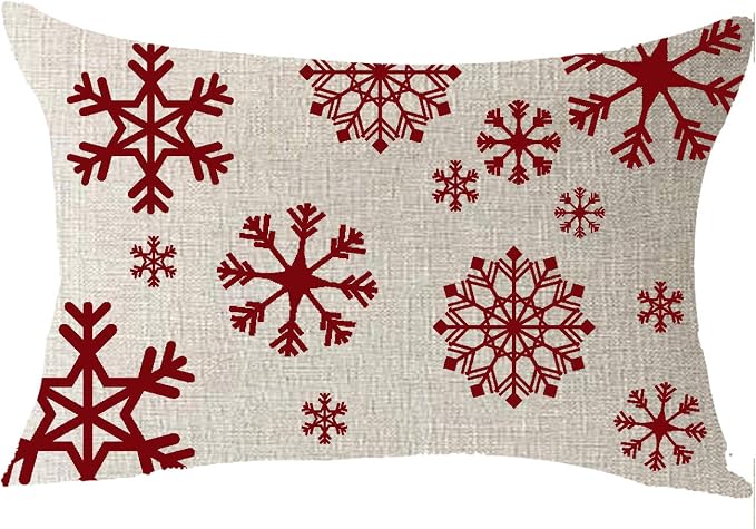 Merry Christmas Red Snowflake Winter Cotton Linen Decorative Throw Pillow Cover Cushion Case 12x20 inches