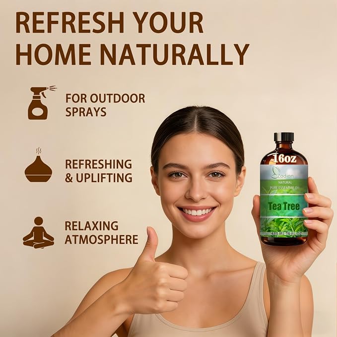 Tea Tree Essential Oil, Tea Tree Oil for Diffuser, 16 Fl Oz(480ml) | Candle Making, Soap Making, aroma, Strong Scent, Pure, Natural, Home Fragrance, Massage, Large Bottle