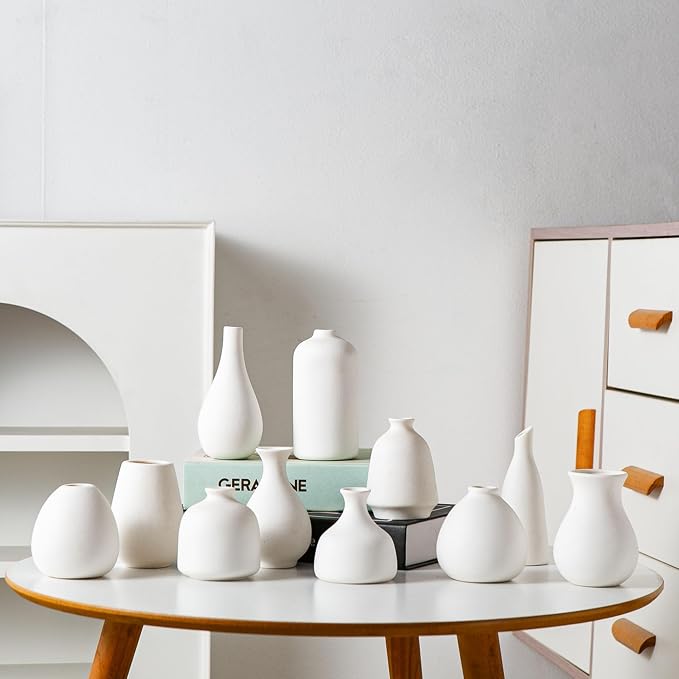 Tanvecle White Ceramic Bud Vase Set of 11, Small Vases for Pampas Grass, Flowers, Mini Vases for Modern Home Decor, Minimalist Decor, for Living Room, Dining Table & Shelves