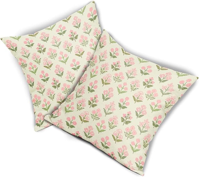 Pink Green Block Print Pillow Covers 20x20 Inch Set of 2 Vintage Floral Decorative Pillow Cases Boho Outdoor Linen Square Cushion Cover Rustic Farmhouse Decor for Bedroom Home Sofa Couch Bed