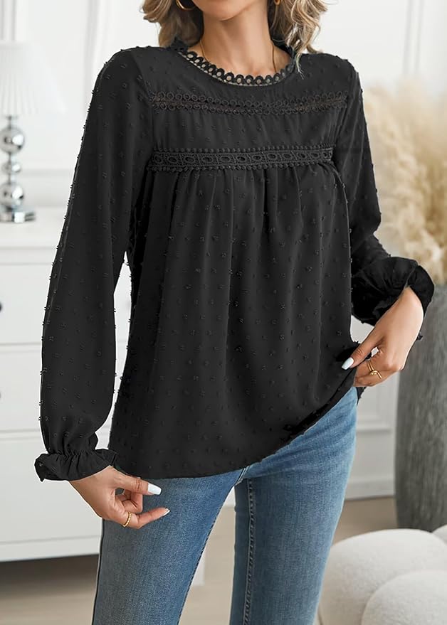 Womens Boho Tops Long Sleeve Shirts For Women Cute Crewneck Blouse Dressy Casual Swiss Dot Crochet Hollow Top 2026