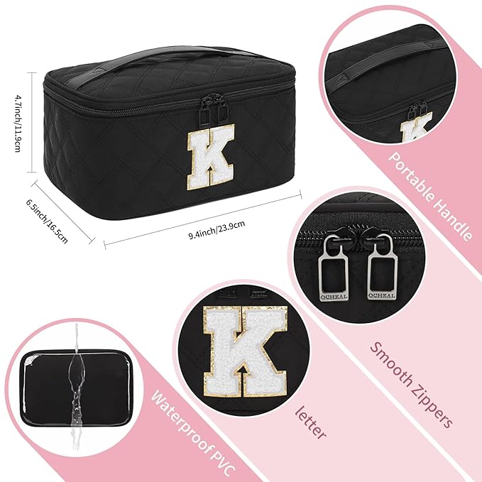 OCHEAL Makeup Bag Valentines Day Gifts for Women, Monogram Cosmetic Bag Black Travel Makeup Case Beauty Toiletry Bag Organizer Personalized Gifts for Girls Bridesmaid, Sister, Wife, Friends Initial K