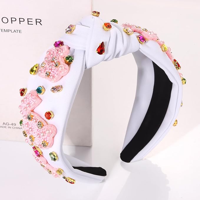 mokkia Easter Headbands Beaded Rabbit Bunny Headband for Women Pink Spring Knotted Headband Easter Hair Accessories Gifts