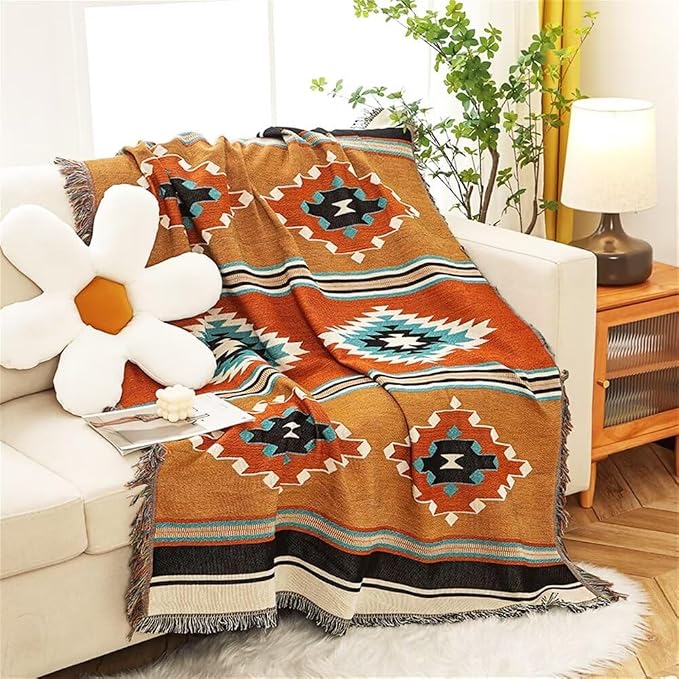 Homesy Aztec Throw Blanket Native Southwestern Bed Blankets 63"x87" Brown | Southwest Decor,Boho Style,Sofa Chair Cover,Outdoor Beach Car Tent Travel Camping Use,Tapestry,Reversible and Tassels