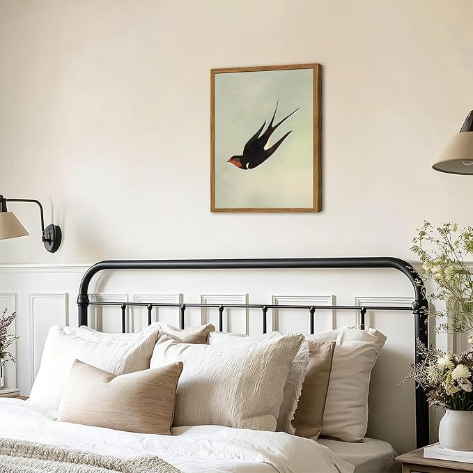 Framed Vintage Bird Wall Art, Sage Green Flying Swallow Pictures Wall Decor, Minimalist Japandi Nature Paintings Canvas Prints Modern Home Decor for Living Room Bedroom Bathroom Office 12x16 Inch