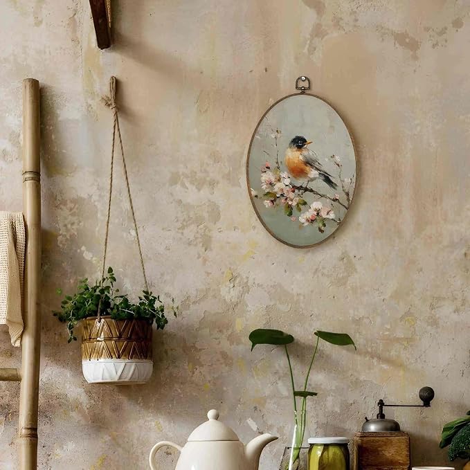 LKETW Vintage Bird Floral Oval Wall Art Decor, Rustic Farmhouse Oval Canvas Hanging Decor, Cottagecore Botanical Bird Flower Wall Decorations for Home Bedroom Living Room, 8.6x11.4 Inch