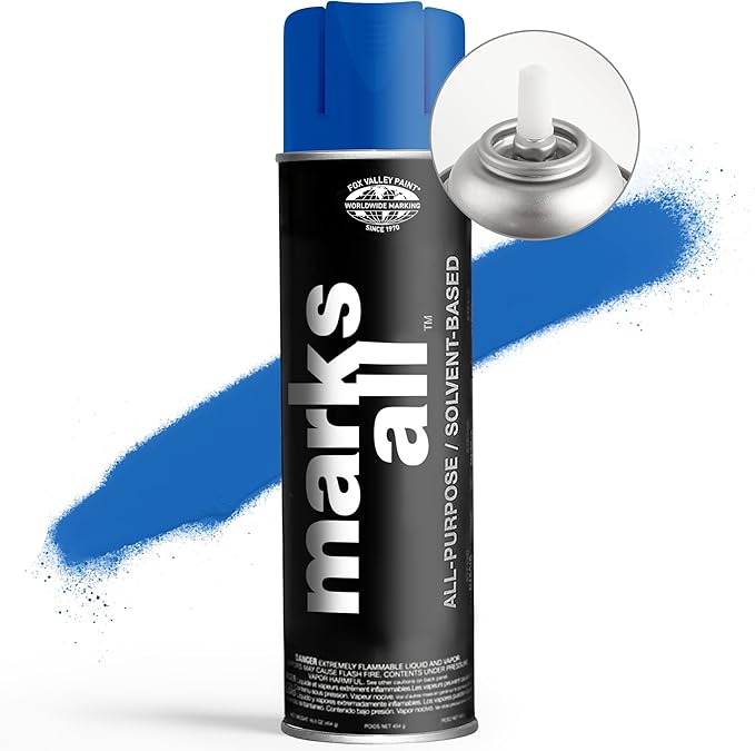 Fox Valley 18oz Marks All Solvent-Based Marking Paint Spray, 12-Pack Blue APWA – Long-Lasting, Weather-Resistant Spray Paint for Wet or Dry Surfaces Like Metal, Grass, Concrete, Wood, & More