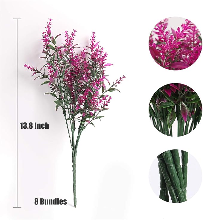 RECUTMS 8Pcs Artificial Flowers Fake Outdoor Plants Faux Lavender Flower | 13.8",Plastic Shrubs Faux Flowers Fake Ferns Winter Artificial Fowers for Outdoors Indoor Outside Hanging Decorations