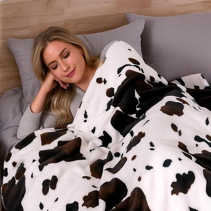 Cozy Bliss Cow Print Fuzzy Throw Blanket for Couch - Thick Soft Warm Non Shedding Fleece Blankets for Western Décor Room, for Kids, Women Men Girls, Black Brown 40"*50"