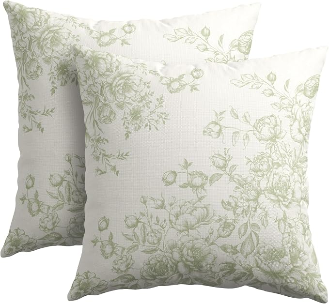 Kawani Chinoiserie Floral Throw Pillow Covers 22x22 Set of 2 Oriental Vintage Green Flowers Decorative Square Pillow Cases Cotton Linen Cushion Cover for Bedroom Sofa Couch Home Decor