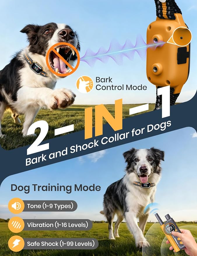 Smart 2-in-1 Bark and Shock Collar for Dogs - AI Anti-Misoperation, 3300FT Remote Training Collar, IPX7 Waterproof, 4 Modes (Tone, Vibration, Safe Shock, Auto Anti-Bark) for Dogs