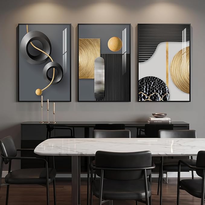 Framed Modern Elegant Wall Art for Living Room, 3 Piece Contemporary Luxury Prints Paintings, Black and Gold Abstract Geometric Pictures for Bedroom Dining Room Hallway Entryway Home Office Wall Decor 20x30 In