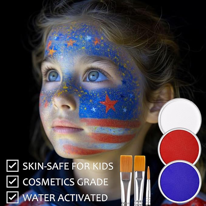 US Flag Red White And Blue Joker Face Body Paint, Water-Based Face Painting Kit with Brushes for America’s Patriotic Parades 4th of July USA Independence Day & Halloween Costume Clown Cosplay Makeup