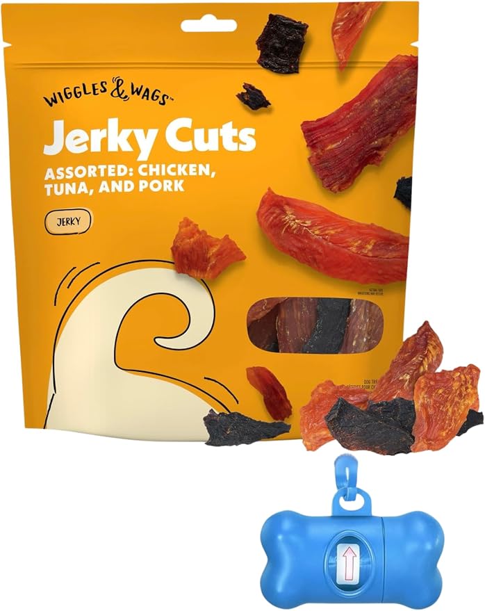 Wiggles & Wags Jerky Cuts Dog Treats, Assorted Chicken, Tuna and Pork, 16 Ounces with a DN Essentials Bone Shaped Waste Bag Dispenser & Free Roll