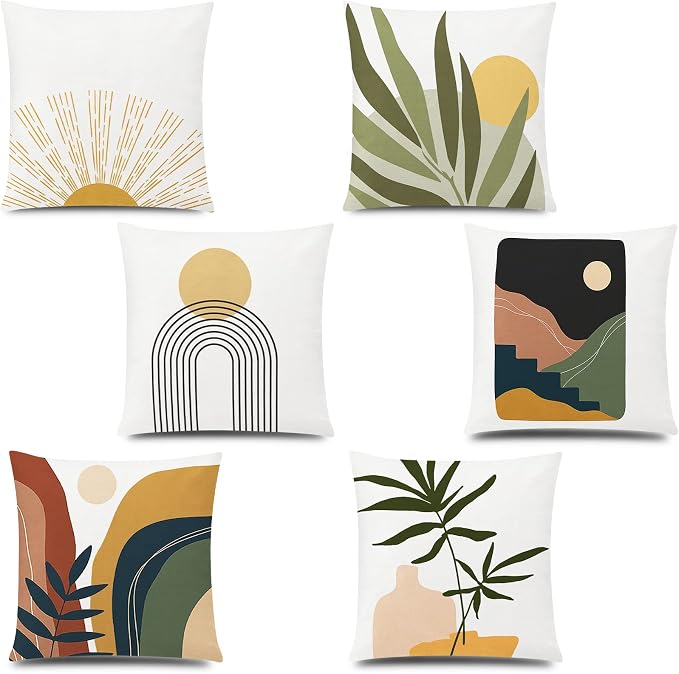 COMMINY Abstract Boho Pillow Covers 18x18 Set of 6,Rustic Sunset Leaves Throw Pillow Cover,Minimalist Modern Pillow Case for Couch Sofa Room Home Decor | Breathable Linen, Botanical Leaf, Sunset Pattern, Standard Pillow Size, Modern Couch Sofa Living R...