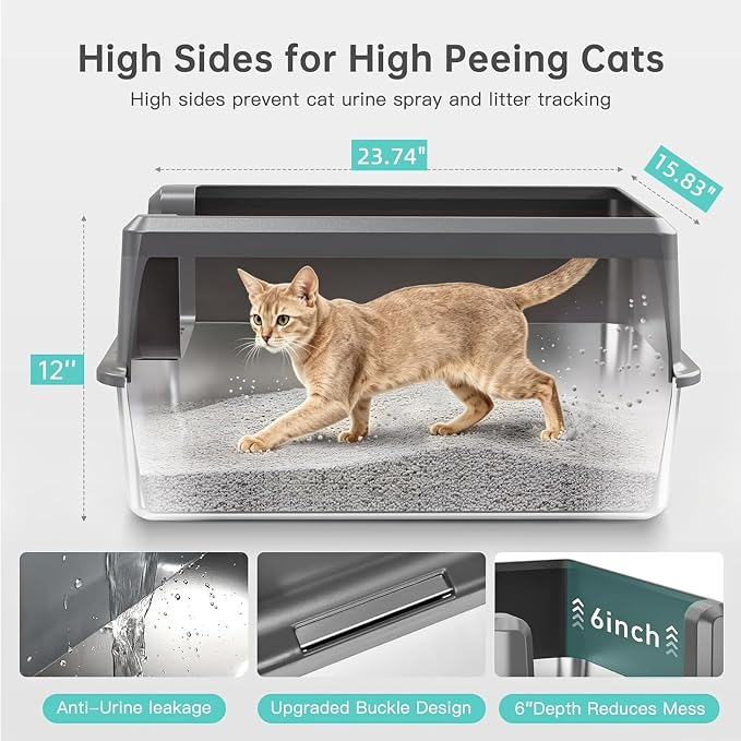 Stainless Steel Litter Box, Open Top High Sided Cat Litter Box for Big Cat | XL, 1 Scoop, Anti-Urine Leakage, Non-Stick Odor-Free, Easy Clean, High Sides Block Spray, Reduce Litter Tracking, Durable