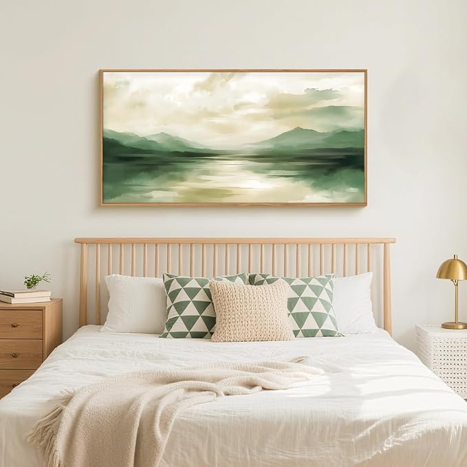 FWIEXA Sage Green Abstract Canvas Wall Art Set of 3, Framed Beige White Landscape Painting, Neutral Watercolor Mountain Prints, Nature Mountains Lake Prints, 20x40In Artwork for Living Room, Bedroom