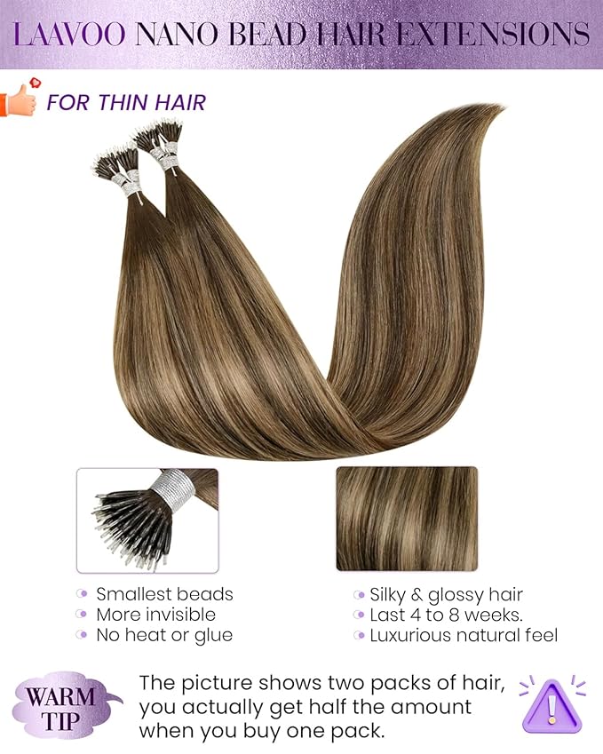 LaaVoo Nano Bead Hair Extensions Human Hair Nano Extensions Balayage Dark Brown to Caramel Brown Nano Hair Extensions Human Hair Ombre Brown Cold Fusion 50s 50g 14 Inch