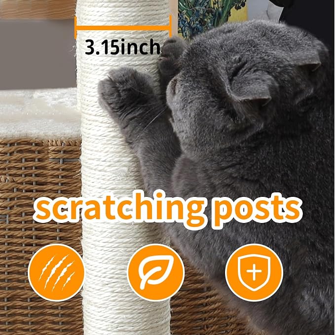 SHODMI 51-Inch Woven Cat Tree Tower for Large Cats with Clear Capsule Bed | 8 cm thick sisal scratching posts, plush & cooling mats, 3 hand-woven basket beds, sturdy multilevel spaces to climb and rest