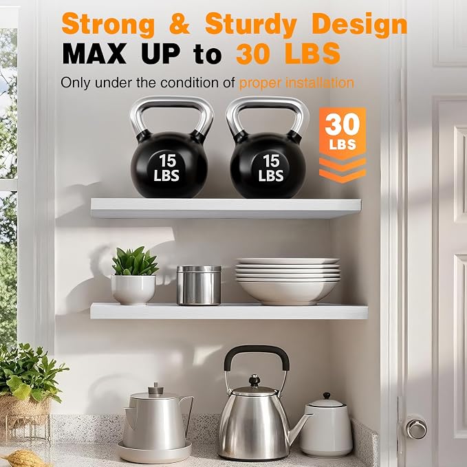 BAYKA White Floating Shelves 47.2in, Set of 2, Wall Mount Rustic Wood Shelf | Easy Install, 30lbs Max Load, Hidden Bracket, for Bathroom Bedroom Kitchen Office Storage Decor, Multi-Wall Compatible