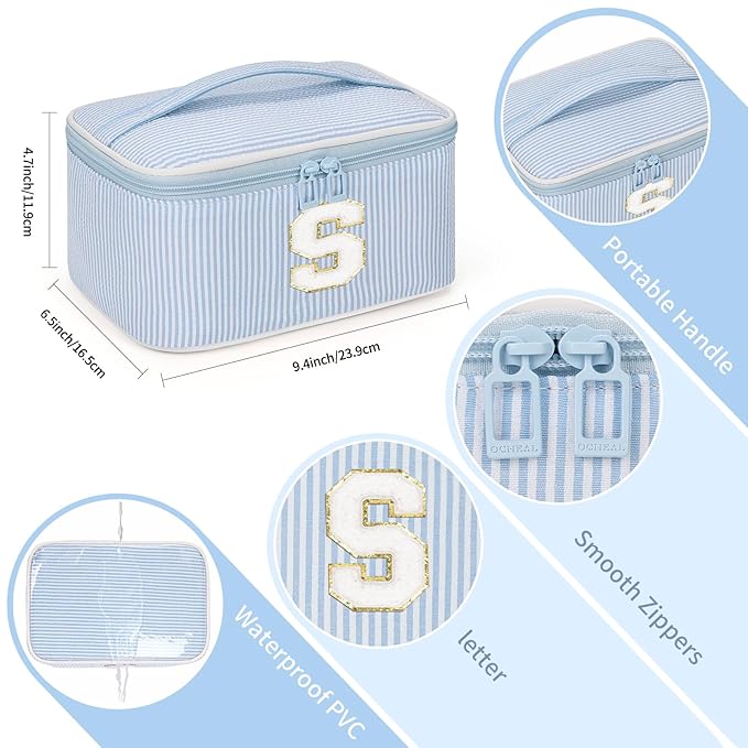 OCHEAL Makeup Bag Valentines Day Gifts for Women, Monogram Cosmetic Bag Blue Travel Makeup Case Beauty Toiletry Bag Organizer Personalized Gifts for Girls Bridesmaid, Sister, Wife, Friends Initial S