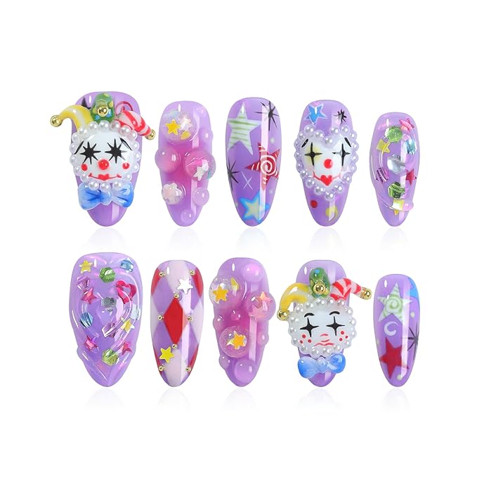 Handmade Press On Nails Almond, French Tips 3D Joker Design Short Fake Nails, Salon-Quality Reusable, 10Pcs Includes Adhesive Pads & Nail File, Special Holiday Gifts
