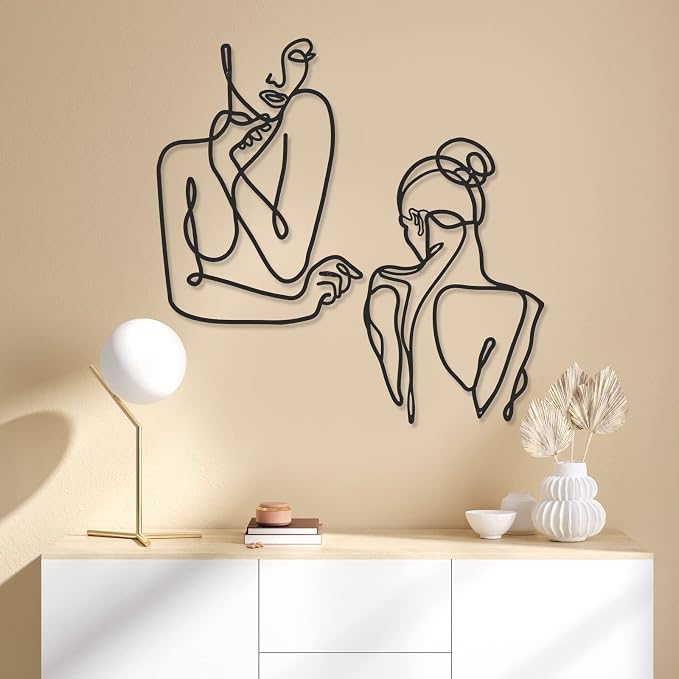 Photect 4 Pieces Metal Wall Art Decor Black Single Line Art Drawing Minimalist Abstract Female Woman Wall Sculptures Hanging Decor Accents for Bathroom Living Room(Classic)