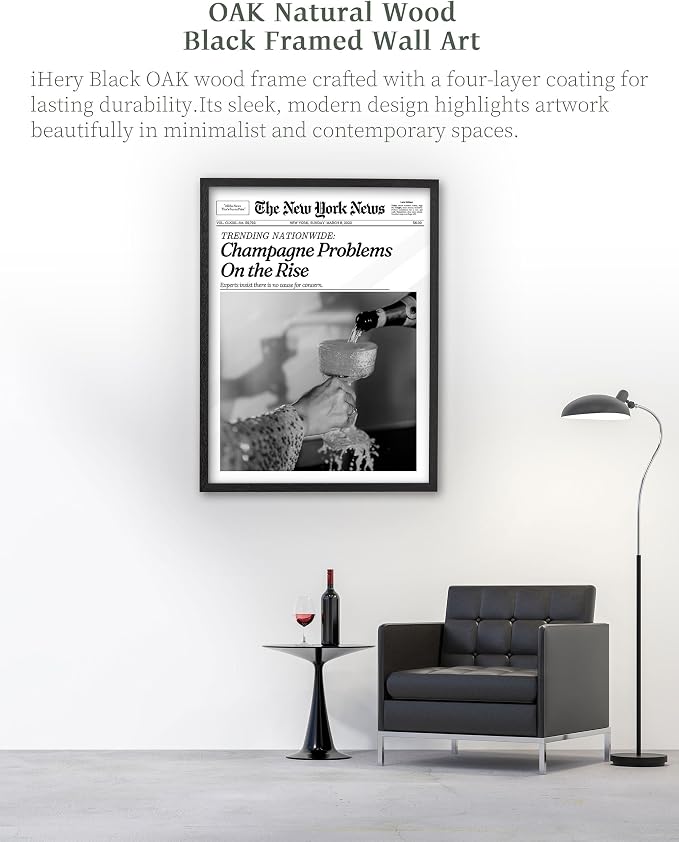 iHery 16x20in Champagne Problems on the Rise Framed Newspaper Art | Premium Black Natural OAK Wood Frame with Canvas Print, Vintage Champagne Decor for Bar Cart, Kitchen, Living Room 1Pack