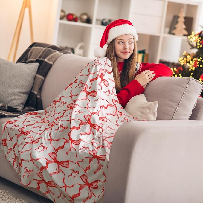 Red Bow Throw Blanket 50"x60" Soft Flannel for Girls Women | Coquette Aesthetic Decor with Ruffled Edges, Ultra Plush Bed Sofa Blanket, Preppy Gift for Teens, Back to School Dorm Room