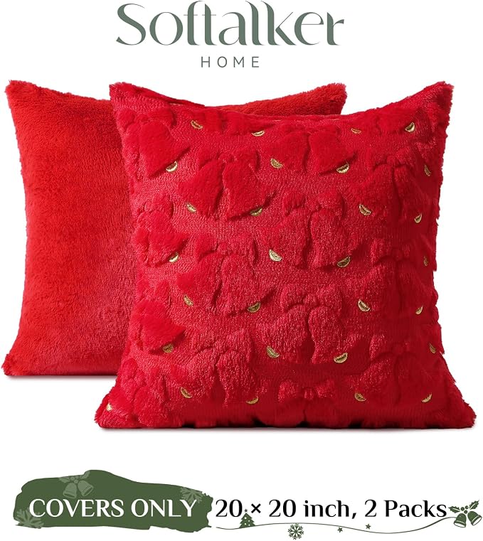 Softalker Christmas Throw Pillow Covers 20 x 20 Inch Set of 2, Xmas Winter Bell Faux Fur Cushion Covers, 3D Embroidered Pillow Cases for Couch Bedroom Living Room Decor, Red