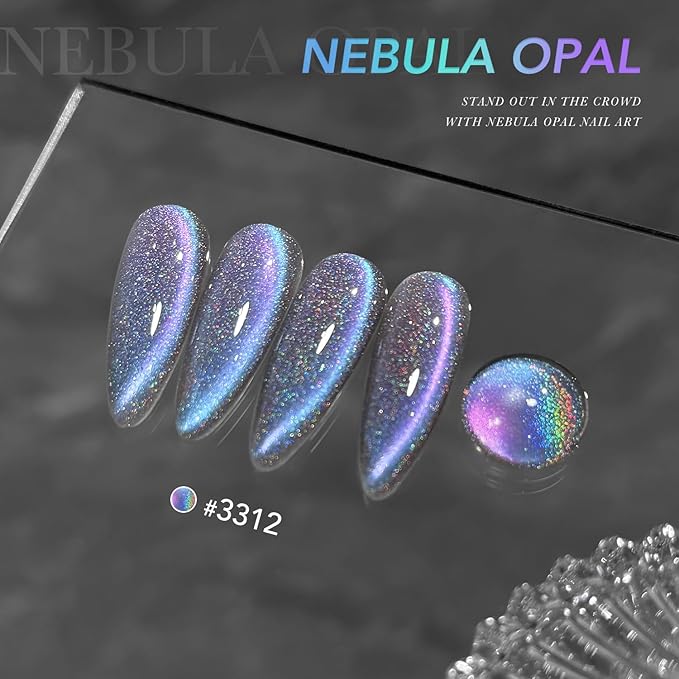 GAOY Rainbow Cat Eye Gel Nail Polish, 16ml Jelly Blue Gray Glitter Holographic Nail Polish with Magnet, Reflective Translucent UV Gel, 3312 Nebula Opal