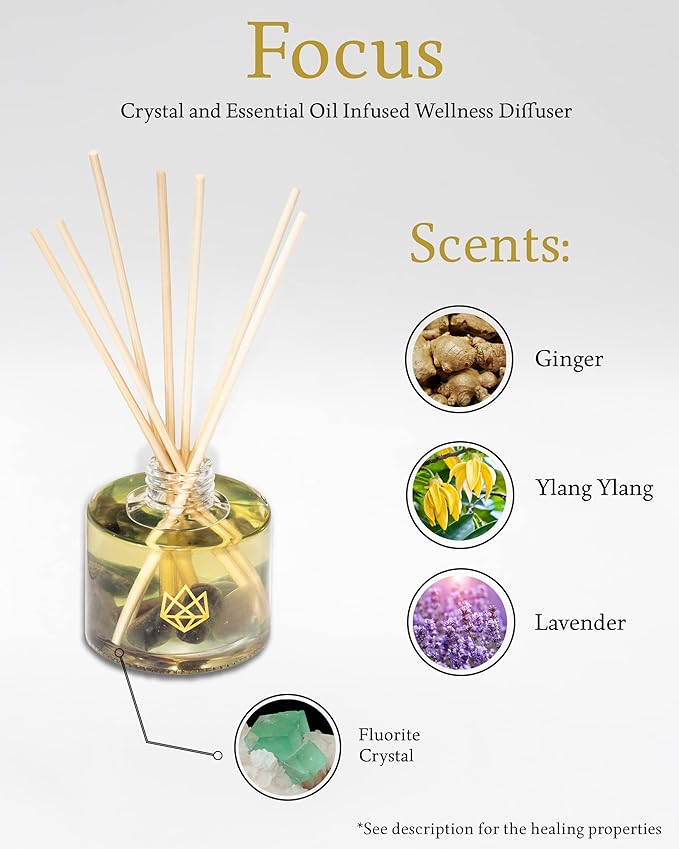 Crystal Infused Reed Diffuser, 4 OZ, Focus - Fluorite Crystal Infused - Scents of Orange, Ginger, Ylang-ylang, & Lavender - Home Decor, House Warming, Stick Perfume, Coffee Table
