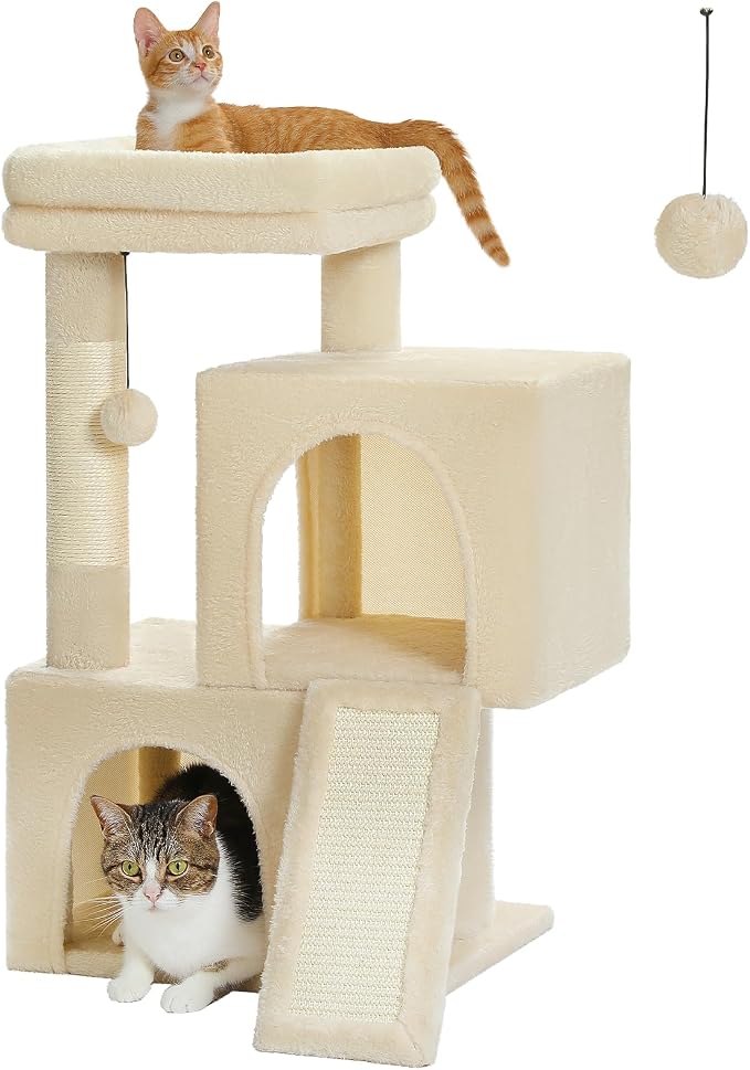 PAWZ Road 30" Cat Tower, Small Cat Tree with 2 Condos for Indoor Cats | cat trees for small cats,cat houses with scratching ramp and posts,dual condos&top perch for multi-cat