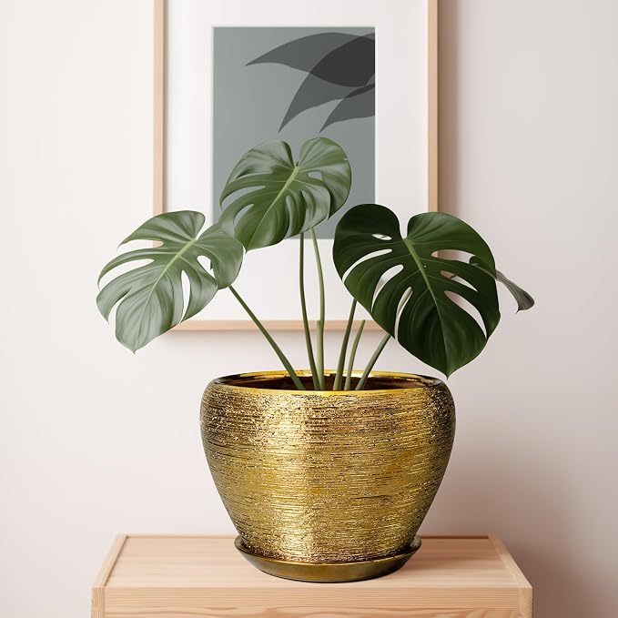 Ceramicfor Ceramic Planter 10 Inch - Indoor Plant Pot with Drainage Hole and Saucer Large Decorative Planter Mid-Century Modern Flower Pot Outdoor for Home Decor Gold
