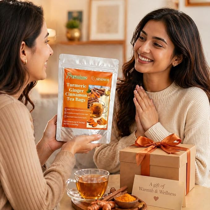 30 Premium Turmeric Ginger Cinnamon Tea Bags, 100% Natural Ingredients Herbal Tea, Turmeric Ginger Herbal Blend for Wellness & Digestive Support, Vegan, No Sugar, Caffeine-Free